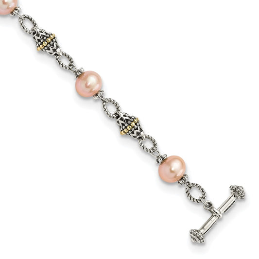 14K/Silver Two Tone Shey Couture Sterling Silver With 14K Accent 7.5 Inch Antiqued 9 10mm Freshwater Cultured Pink Pearl Bracelet