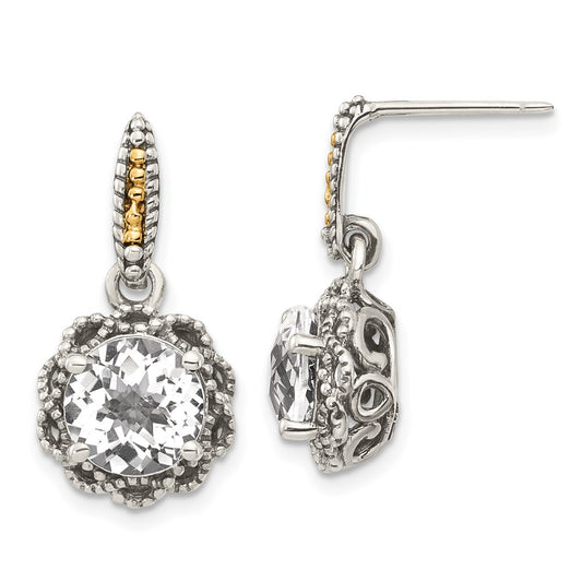 14K/Silver Two Tone Shey Couture Sterling Silver With 14K Accent Antiqued Round White Topaz Dangle Post Earrings