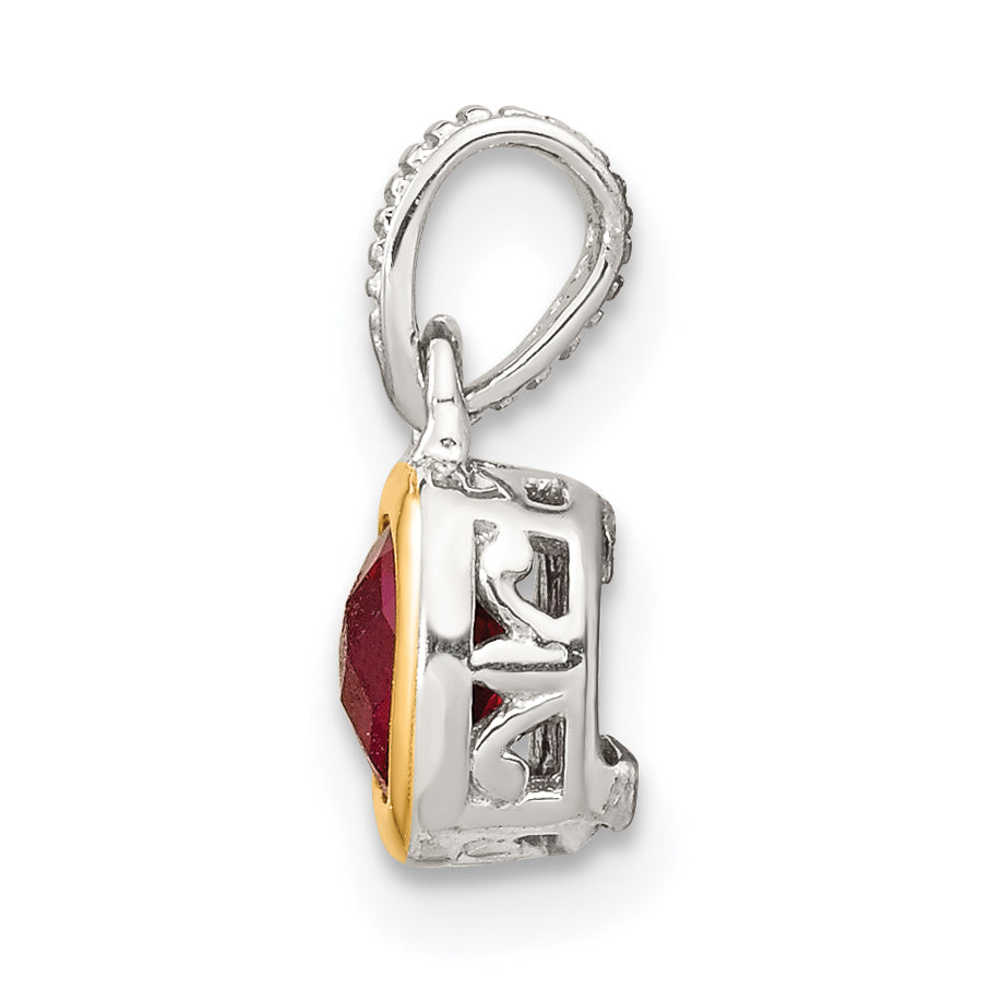 14K/Silver Two Tone Shey Couture Sterling Silver Rhodium Plated With 14K Accent Polished Cushion Cut Created Ruby Pendant