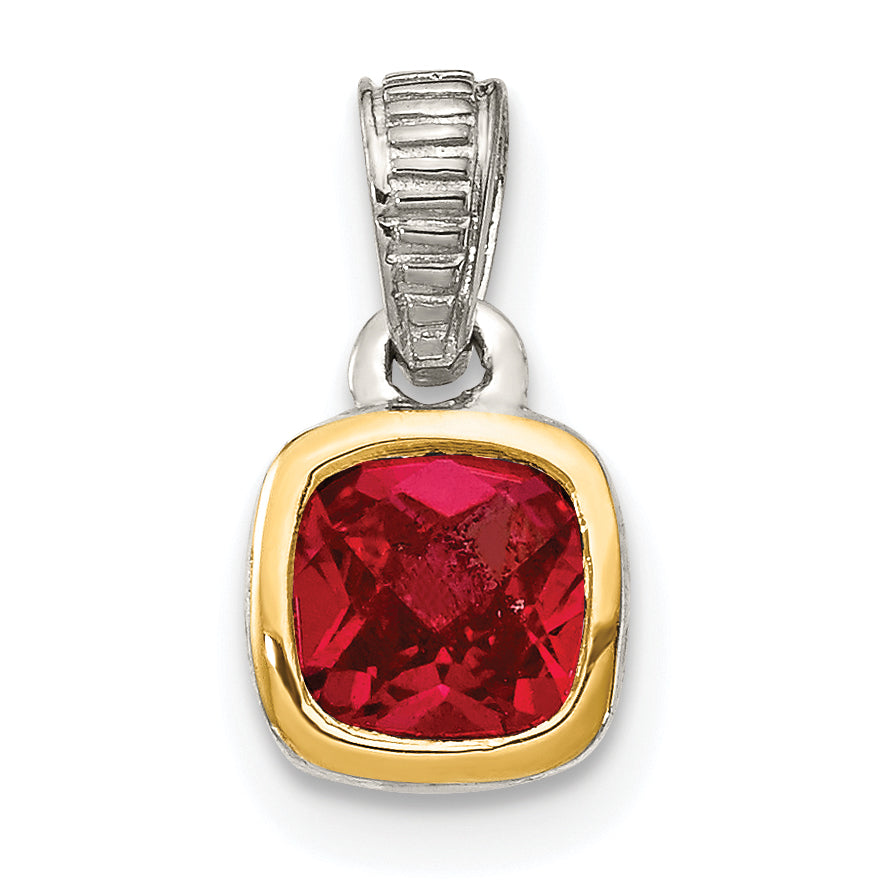 14K/Silver Two Tone Shey Couture Sterling Silver Rhodium Plated With 14K Accent Polished Cushion Cut Created Ruby Pendant