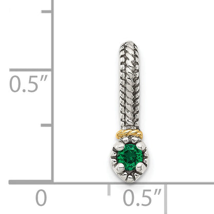 14K/Silver Two Tone Shey Couture Sterling Silver Antiqued With 14K Accent Polished Created Emerald Chain Slide Pendant