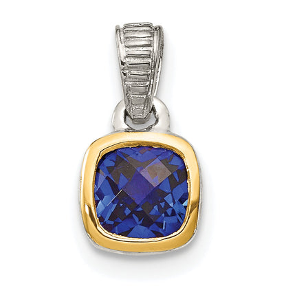 14K/Silver Two Tone Shey Couture Sterling Silver Rhodium Plated With 14K Accent Polished Cushion Cut Created Sapphire Pendant