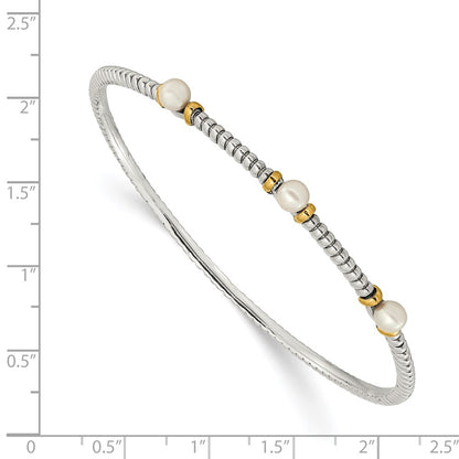 14K/Silver Two Tone Shey Couture Sterling Silver With 14K Accent 4.5mm Freshwater Cultured Button Pearl Slip On Bangle Bracelet