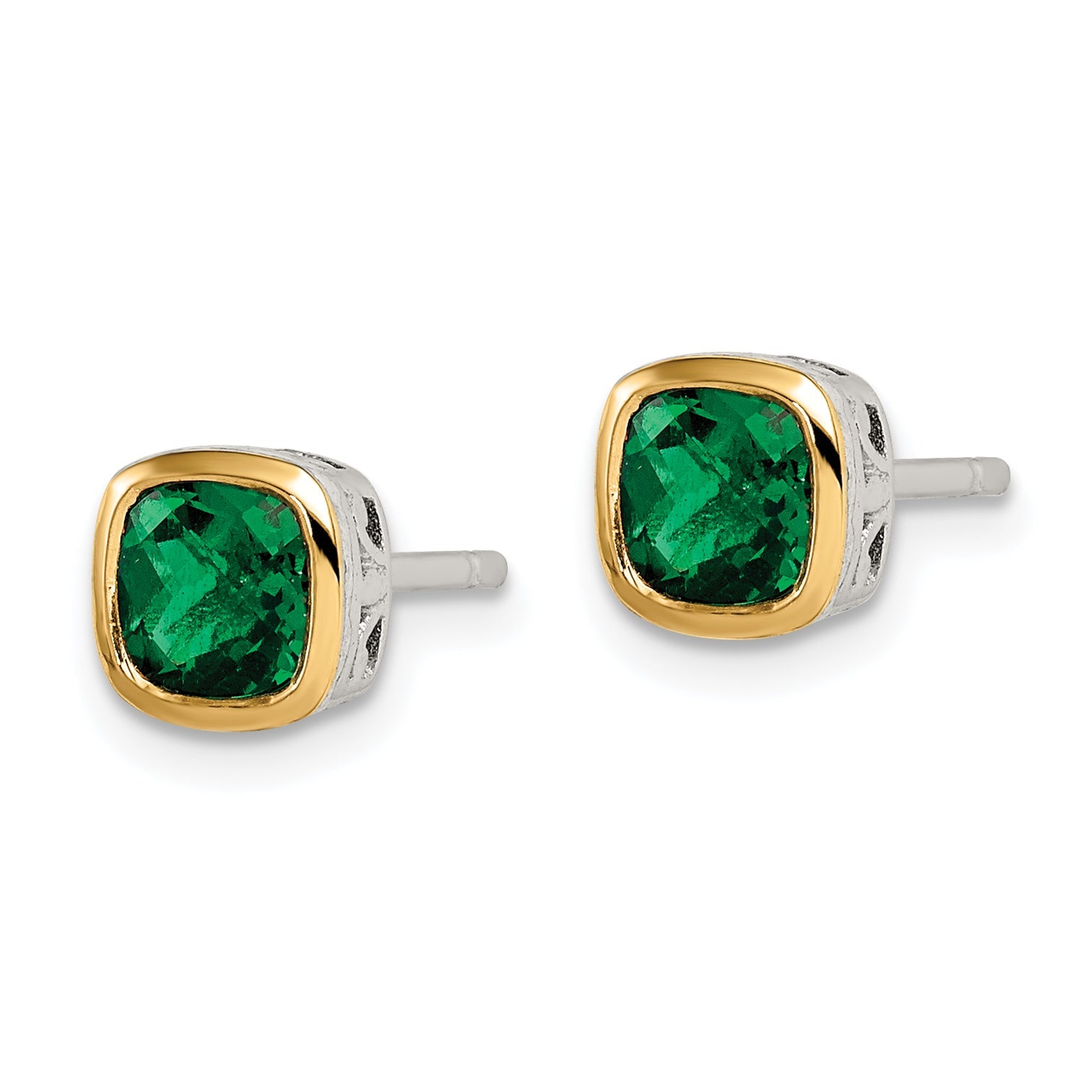 14K/Silver Two Tone Shey Couture Sterling Silver Rhodium Plated With 14K Accent Created Emerald Square Stud Earrings
