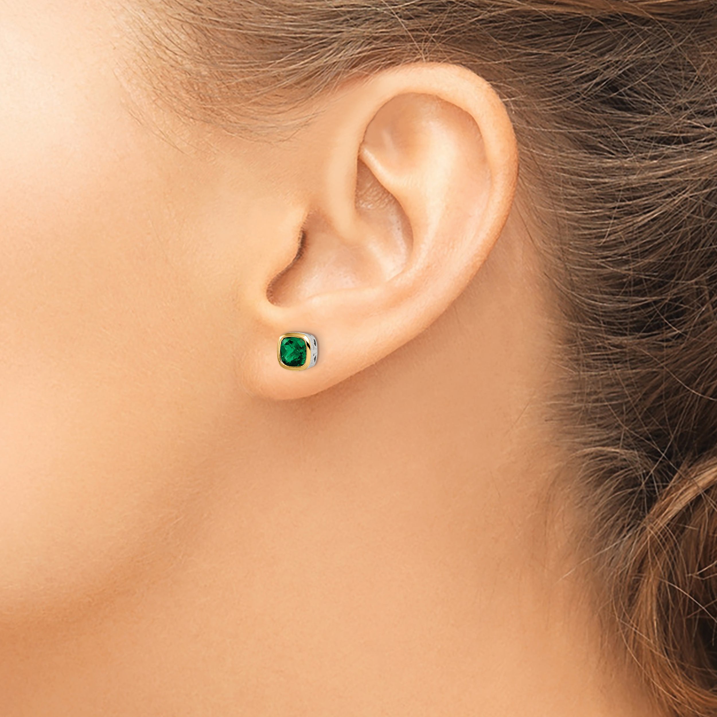 14K/Silver Two Tone Shey Couture Sterling Silver Rhodium Plated With 14K Accent Created Emerald Square Stud Earrings