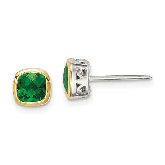 14K/Silver Two Tone Shey Couture Sterling Silver Rhodium Plated With 14K Accent Created Emerald Square Stud Earrings