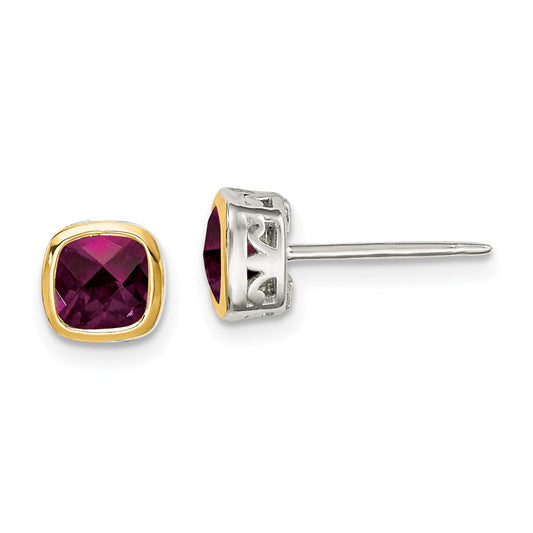 14K/Silver Two Tone Shey Couture Sterling Silver Rhodium Plated With 14K Accent Rhodolite Garnet Square Stud Earrings