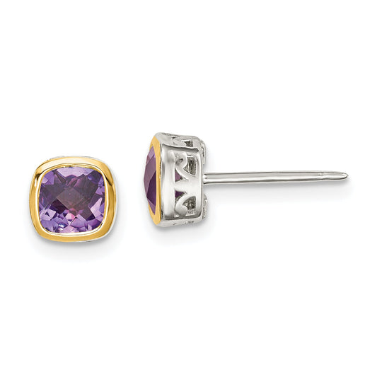 14K/Silver Two Tone Shey Couture Sterling Silver Rhodium Plated With 14K Accent Amethyst Square Stud Earrings