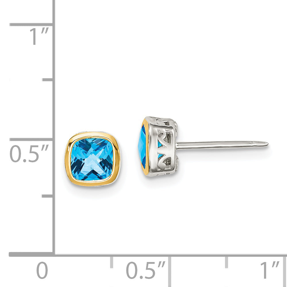 14K/Silver Two Tone Shey Couture Sterling Silver Rhodium Plated With 14K Accent Light Swiss Blue Topaz Square Stud Earrings