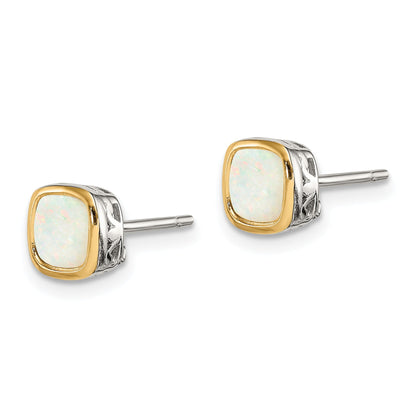14K/Silver Two Tone Shey Couture Sterling Silver Rhodium Plated With 14K Accent Milky Opal Square Stud Earrings