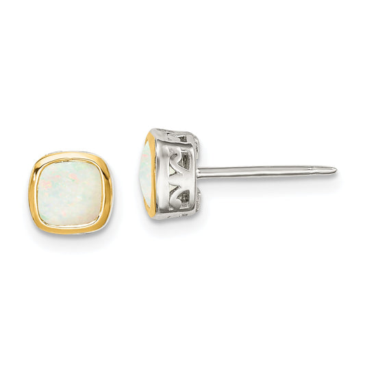 14K/Silver Two Tone Shey Couture Sterling Silver Rhodium Plated With 14K Accent Milky Opal Square Stud Earrings