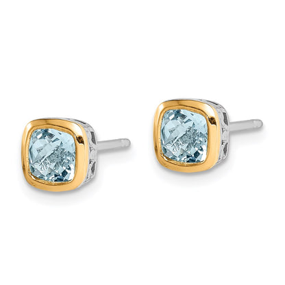 14K/Silver Two Tone Shey Couture Sterling Silver Rhodium Plated With 14K Accent Aquamarine Square Stud Earrings
