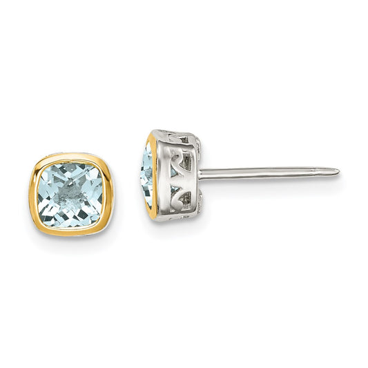 14K/Silver Two Tone Shey Couture Sterling Silver Rhodium Plated With 14K Accent Aquamarine Square Stud Earrings