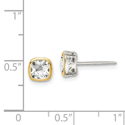 14K/Silver Two Tone Shey Couture Sterling Silver Rhodium Plated With 14K Accent White Topaz Square Stud Earrings