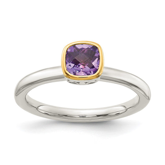 14K/Silver Two Tone Shey Couture Sterling Silver Rhodium Plated With 14K Accent Polished Cushion Cut Amethyst Ring