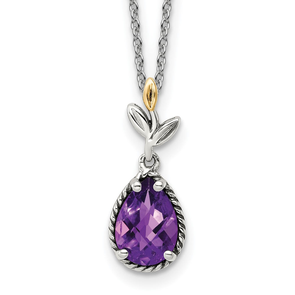 14K/Silver Two Tone Shey Couture Sterling Silver With 14K Accent 18 Inch Leaves Checkerboard Pear Shaped Amethyst Necklace 2 Extender