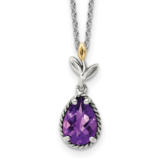 14K/Silver Two Tone Shey Couture Sterling Silver With 14K Accent 18 Inch Leaves Checkerboard Pear Shaped Amethyst Necklace 2 Extender