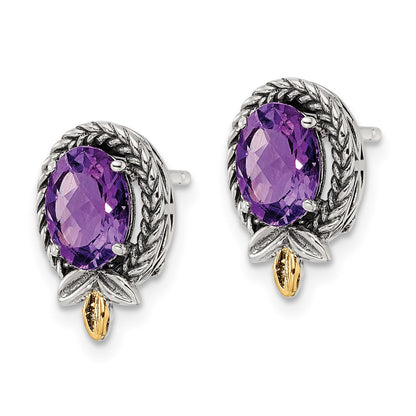 14K/Silver Two Tone Shey Couture Sterling Silver With 14K Accent Antiqued Braided Oval Amethyst Post Earrings
