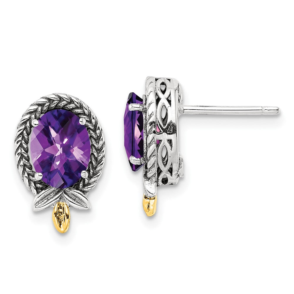 14K/Silver Two Tone Shey Couture Sterling Silver With 14K Accent Antiqued Braided Oval Amethyst Post Earrings
