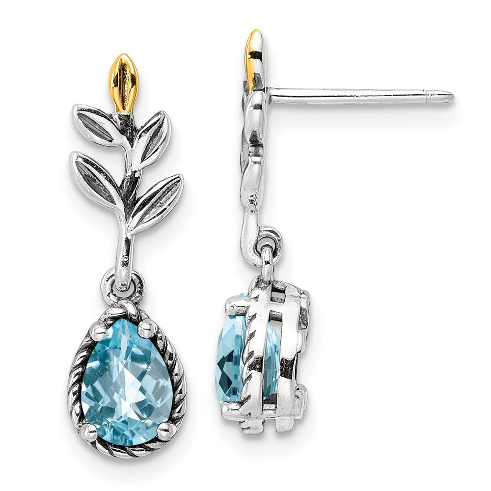 14K/Silver Two Tone Shey Couture Sterling Silver With 14K Accent Antiqued Leaves Pear Shaped Checkerboard Light Swiss Blue Topaz Post Dangle Earrings