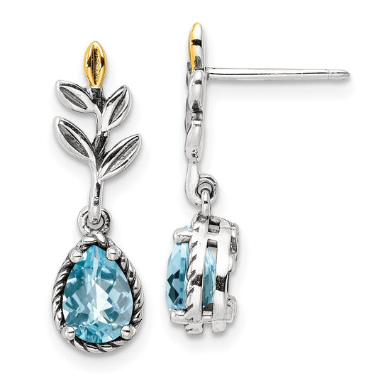 14K/Silver Two Tone Shey Couture Sterling Silver With 14K Accent Antiqued Leaves Pear Shaped Checkerboard Light Swiss Blue Topaz Post Dangle Earrings