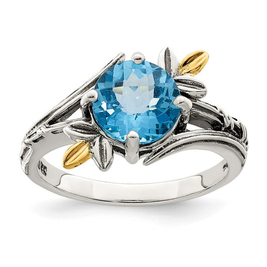 14K/Silver Two Tone Shey Couture Sterling Silver With 14K Accent Antiqued Leaves Round Light Swiss Blue Topaz Ring