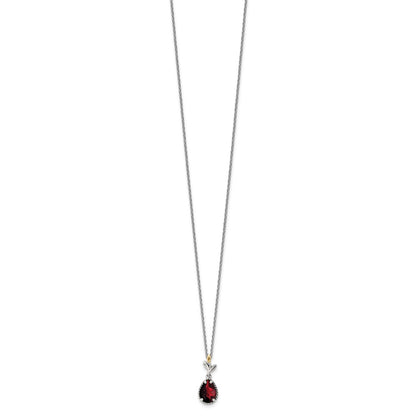 14K/Silver Two Tone Shey Couture Sterling Silver With 14K Accent 18 Inch Antiqued Leaves Pear Shaped Checkerboard Garnet Necklace 2 Extender