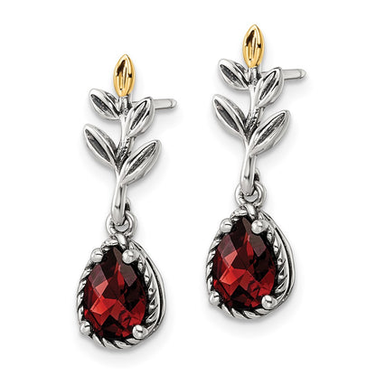 14K/Silver Two Tone Shey Couture Sterling Silver With 14K Accent 18 Inch Antiqued Leaves Pear Shaped Checkerboard Garnet Dangle Post Earrings