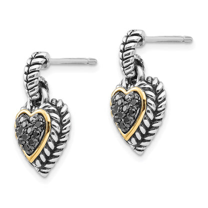 14K/Silver Two Tone Shey Couture Sterling Silver With 14K Accent Antiqued Black Diamond Dangle Post Heart Earrings