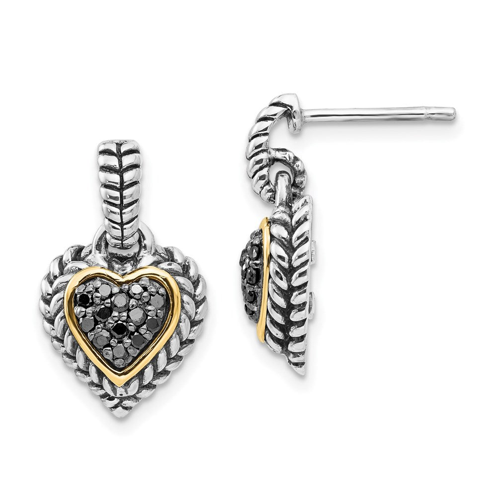 14K/Silver Two Tone Shey Couture Sterling Silver With 14K Accent Antiqued Black Diamond Dangle Post Heart Earrings