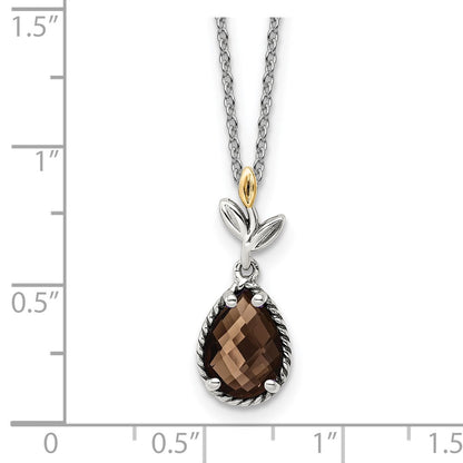 14K/Silver Two Tone Shey Couture Sterling Silver With 14K Accent 18 Inch Leaves Pear Shaped Checkerboard Smoky Quartz Necklace 2 Extender