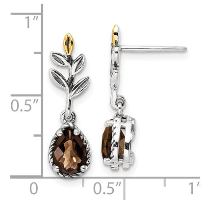14K/Silver Two Tone Shey Couture Sterling Silver With 14K Accent Leaves Pear Shaped Checkerboard Smoky Quartz Dangle Post Earrings