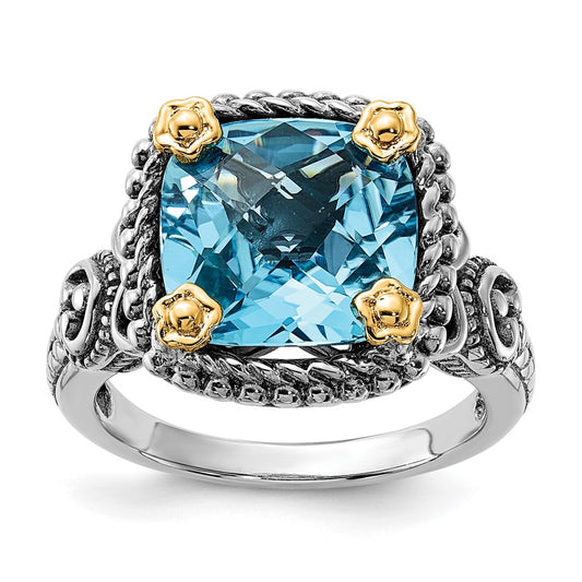 14K/Silver Two Tone Sterling Silver 14K Accent Polished & Antiqued Swiss Blue Topaz Ring