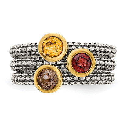 Sterling Silver Shey Couture Gold Tone Flash Plated Antiqued Round Bezel .30Garnet/.20Citrine/.20Smoky Quartz 3 Stackable Rings