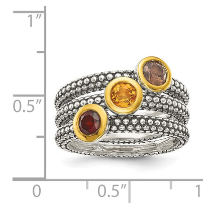 Sterling Silver Shey Couture Gold Tone Flash Plated Antiqued Round Bezel .30Garnet/.20Citrine/.20Smoky Quartz 3 Stackable Rings