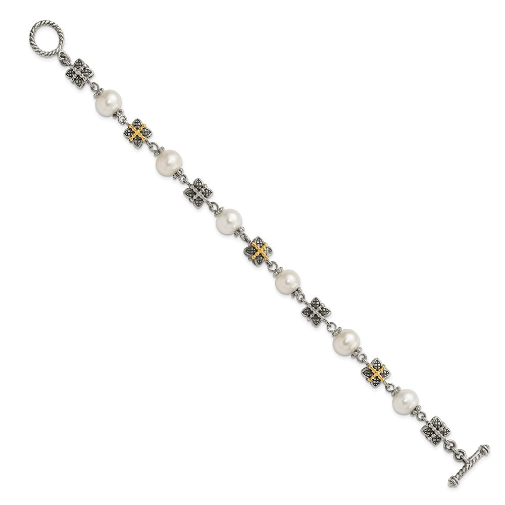 14K/Silver Two Tone Sterling Silver W/ 14Ky Accent Polished & Antiqued Freshwater Cultured Pearl Bracelet