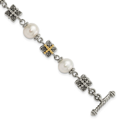 14K/Silver Two Tone Sterling Silver W/ 14Ky Accent Polished & Antiqued Freshwater Cultured Pearl Bracelet