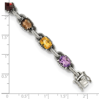 Sterling Silver Shey Couture 7.25 Inch Antiqued Cushion .86Amethyst/.86Citrine/1.10Garnet/.55Peridot/.86Smoky Quartz Bracelet