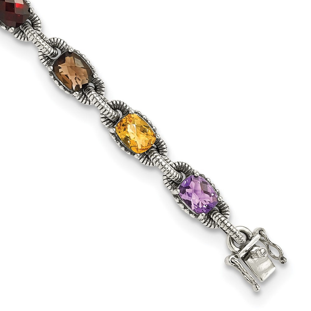 Sterling Silver Shey Couture 7.25 Inch Antiqued Cushion .86Amethyst/.86Citrine/1.10Garnet/.55Peridot/.86Smoky Quartz Bracelet