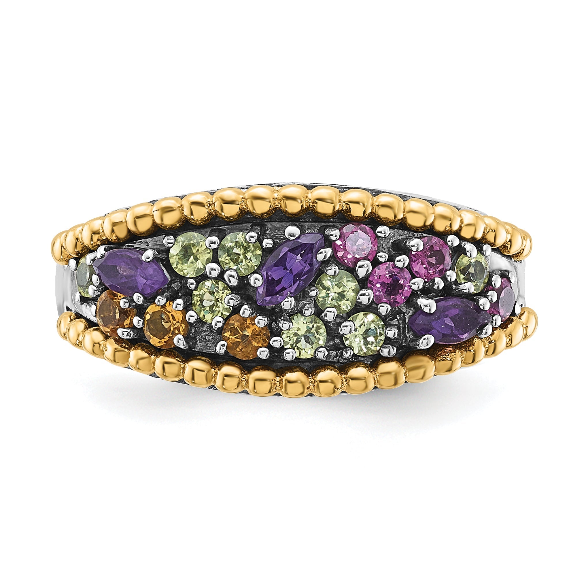 14K/Silver Two Tone Sterling Silver 14K Accent Multi Gemstone Ring (Size 8 Only)