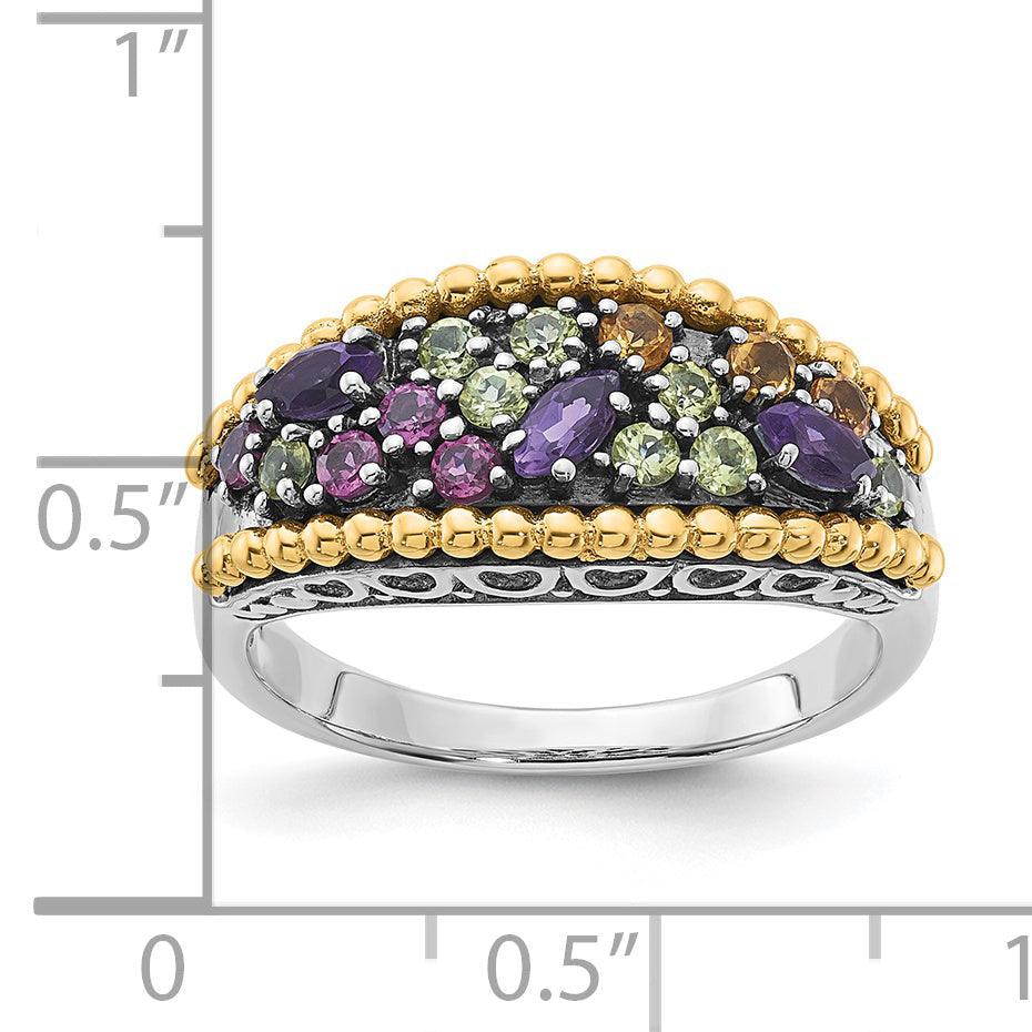14K/Silver Two Tone Sterling Silver 14K Accent Multi Gemstone Ring (Size 8 Only)
