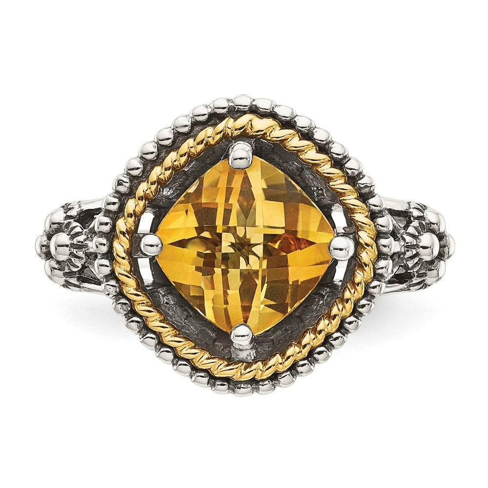 14K/Silver Two Tone Shey Couture Sterling Silver With 14K Accent Antiqued Cushion Citrine Ring