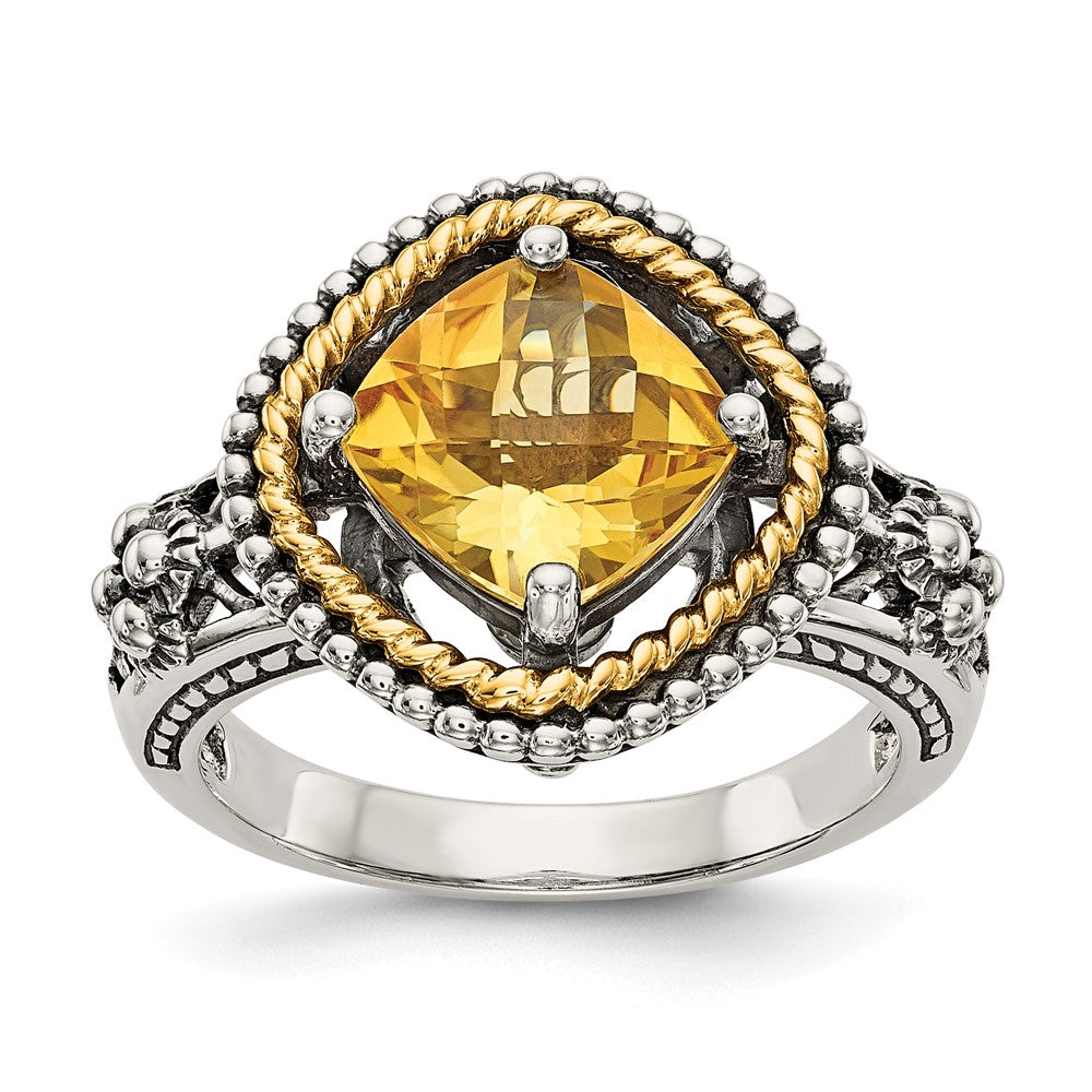 14K/Silver Two Tone Shey Couture Sterling Silver With 14K Accent Antiqued Cushion Citrine Ring