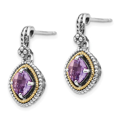 14K/Silver Two Tone Shey Couture Sterling Silver With 14K Accent Antiqued Cushion Amethyst Post Dangle Earrings