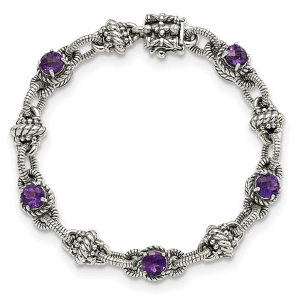 Sterling Silver Shey Couture Antiqued 7.75 Inch Round Amethyst Bracelet