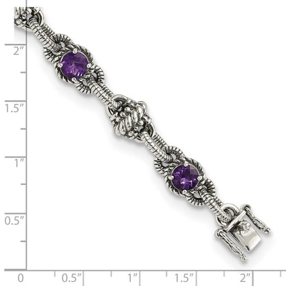 Sterling Silver Shey Couture Antiqued 7.75 Inch Round Amethyst Bracelet