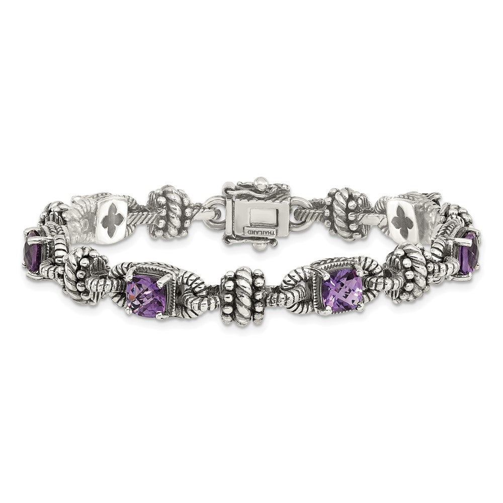 14K/Silver Two Tone Shey Couture Sterling Silver With 14K Accent 7.5 Inch Antiqued Cushion Amethyst Bracelet