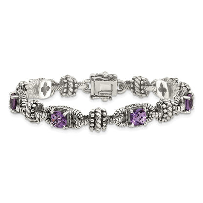 14K/Silver Two Tone Shey Couture Sterling Silver With 14K Accent 7.5 Inch Antiqued Cushion Amethyst Bracelet