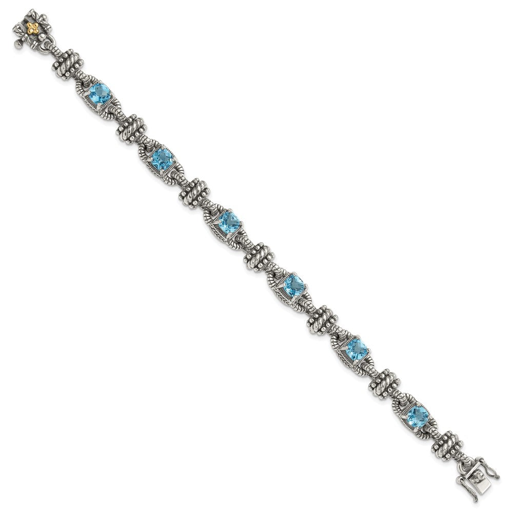 14K/Silver Two Tone Shey Couture Sterling Silver With 14K Accent 7.5 Inch Antiqued Cushion Swiss Blue Topaz Bracelet