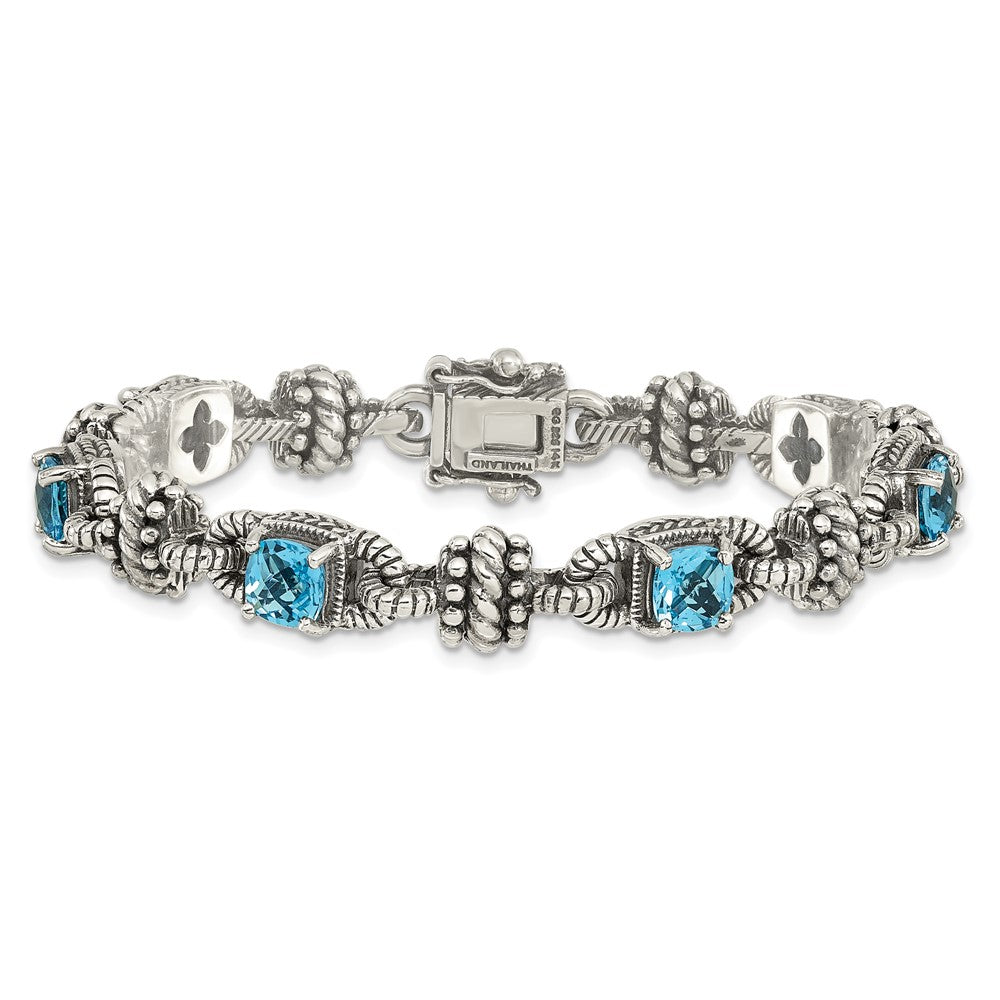 14K/Silver Two Tone Shey Couture Sterling Silver With 14K Accent 7.5 Inch Antiqued Cushion Swiss Blue Topaz Bracelet